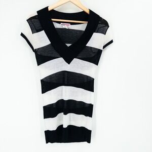Vintage Y2K Long Top Womens M Stripe Deep V Tunic Sweater Emo Indie Sleaze Retro
